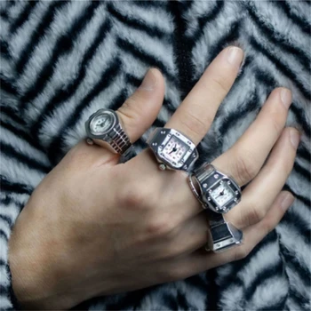 מיני האצבע לצפות טבעת לגברים נשים רצועה אלסטית סגסוגת זוג טבעות שעונים תכשיטים וינטג הרומית קוורץ שעון טבעת מתנה